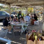 Group of people sitting around a table outdoors, wearing masks.