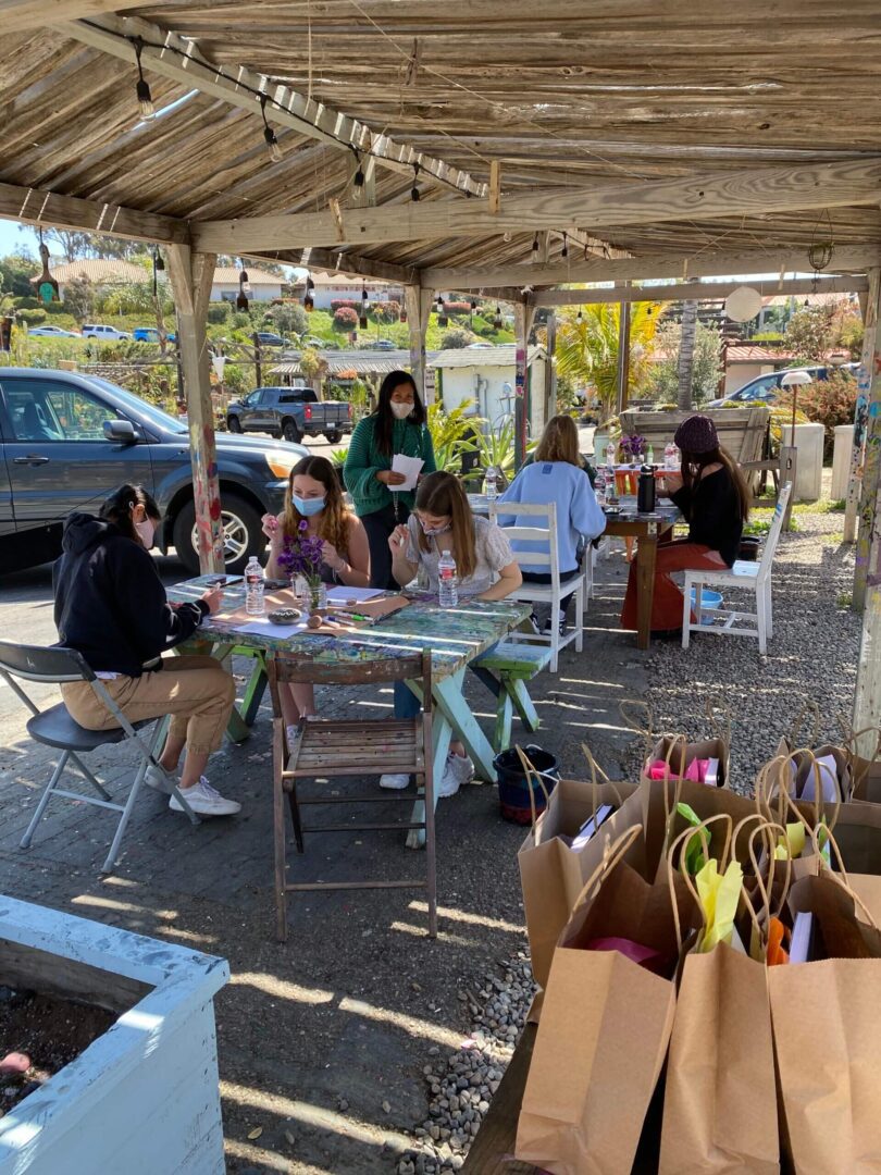 Group of people sitting around a table outdoors, wearing masks.