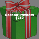 Green gift box with red ribbon and $250 sponsorship text.
