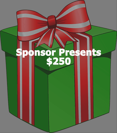 Green gift box with red ribbon and $250 sponsorship text.