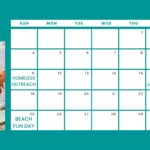 A monthly calendar with marked outreach and fun day events.