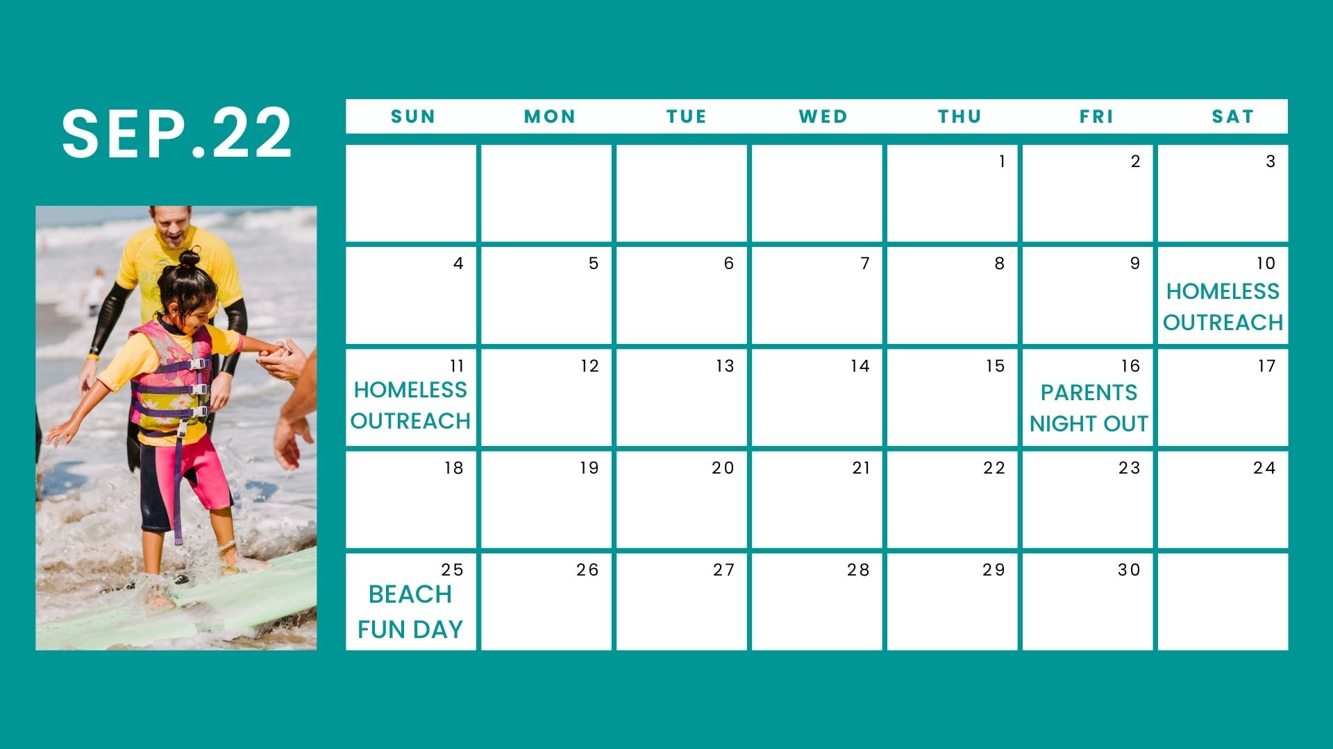 A monthly calendar with marked outreach and fun day events.