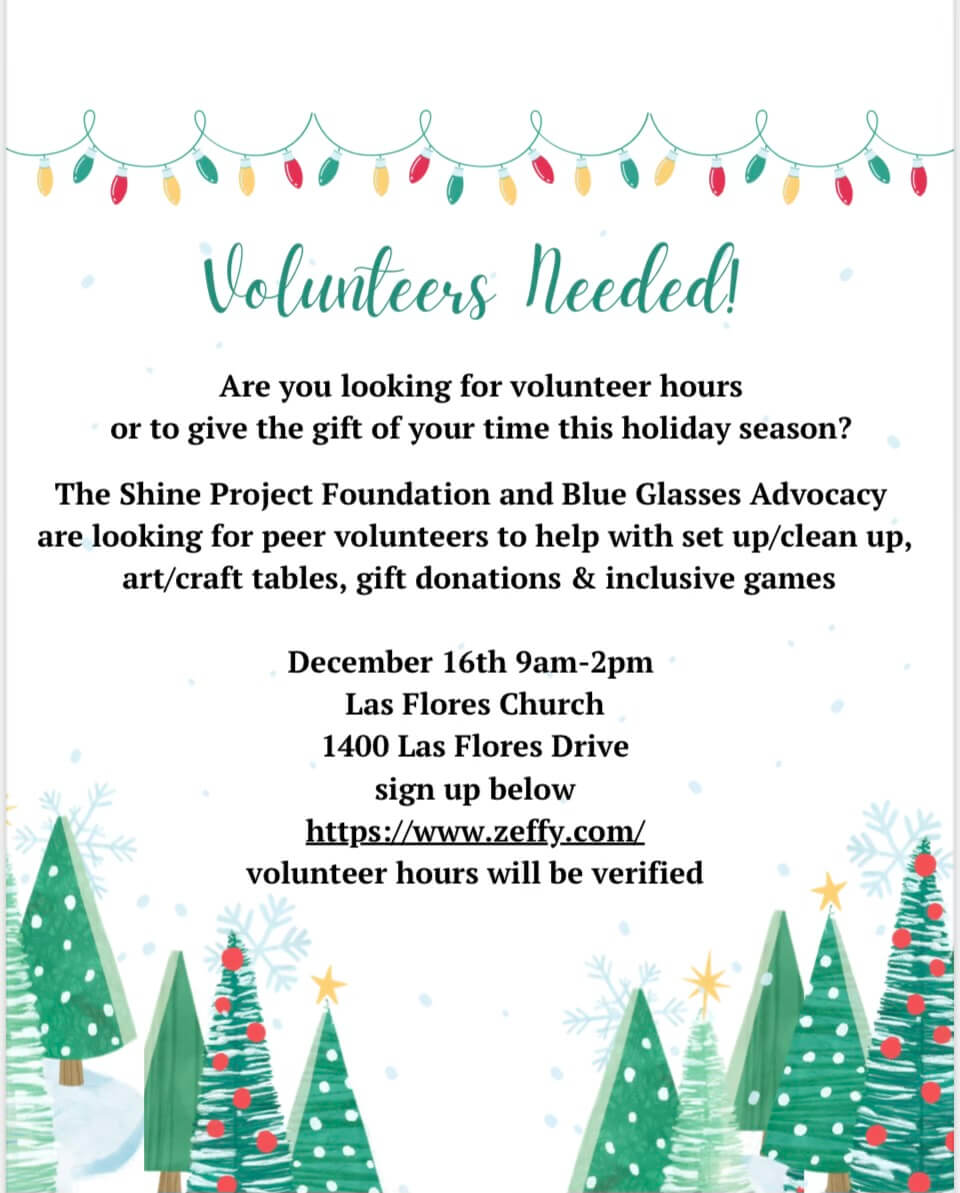 Volunteer flyer for the Shine Project and Blue Glass Advocacy holiday season.