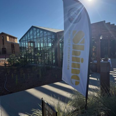 Sunlit outdoor area with a glass greenhouse and a white flag with 'Alamo' branding.